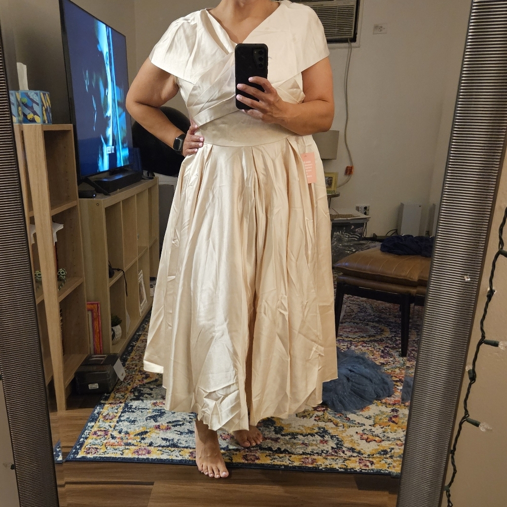 Ivy City Co “Audrey” Midi Dress in Cream/Champagne, Like New